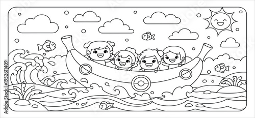 Kids Sailing Boat Adventure Coloring Page with Happy Children Ocean Waves Fish Clouds and Sun Cute Cartoon Line Art Illustration