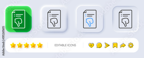 Reject file line icon. Neumorphic, Flat shadow, 3d buttons. Decline document sign. Dislike file. Line thumb down icon. Social media icons. Vector
