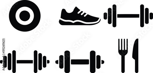 Icons representing fitness, nutrition, and exercise equipment