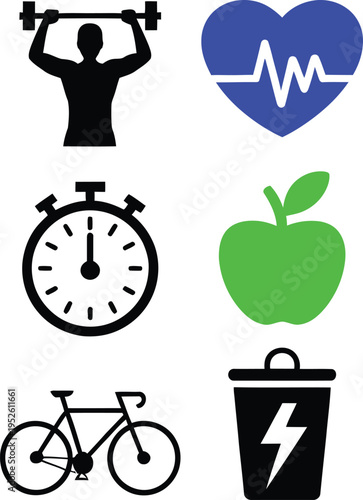 Symbols representing health, fitness, and energy management.