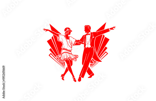 1920s Flapper and Tuxedo Dancing Silhouette, Jazz Age Art Deco Vector Sticker, Great Gatsby Style Party Romance Icon
