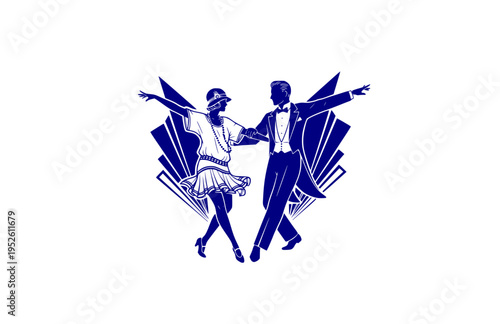 1920s Flapper and Tuxedo Dancing Silhouette, Jazz Age Art Deco Vector Sticker, Great Gatsby Style Party Romance Icon
