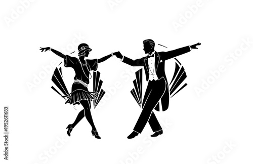 1920s Flapper and Tuxedo Dancing Silhouette, Jazz Age Art Deco Vector Sticker, Great Gatsby Style Party Romance Icon