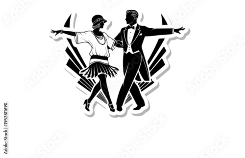1920s Flapper and Tuxedo Dancing Silhouette, Jazz Age Art Deco Vector Sticker, Great Gatsby Style Party Romance Icon