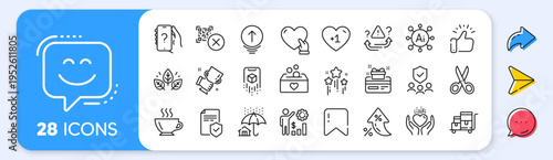 Organic tested, Donation and Smile face line icons. Interest rate, AI generate, Inflation icons. Pack of Loyalty card, Cut, Qr code icon. Inventory cart, Ask question, Coffee pictogram. Vector