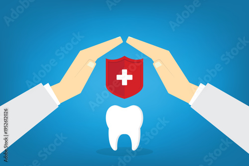 Dental insurance protection concept, tooth care shield with medical cross, dentist safety hygiene healthcare vector illustration, oral health protection, clinic dentistry symbol