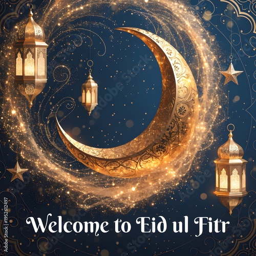 Golden crescent moon surrounded by glowing lanterns and sparkling stardust for eid ul fitr event