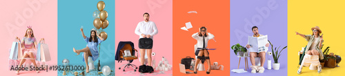 Valokuva Collage of emotional young people with toilet bowls on color background