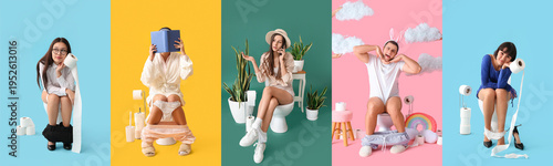 Photos Collage of emotional young people sitting on toilet bowls against color backgrou