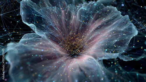 A vibrant digital illustration of a flower with sparkling petals and a dark background