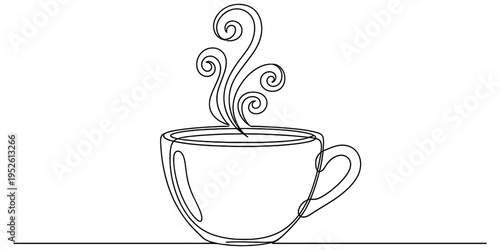 Hot Coffee Cup with Steam Continuous One Line Drawing Vector