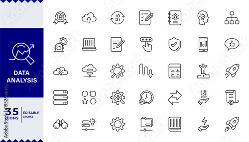 Data analysis, statistics, analytics - minimal thin line web icon set. AI, hosting, monitoring. Outline icons collection. Simple vector illustration