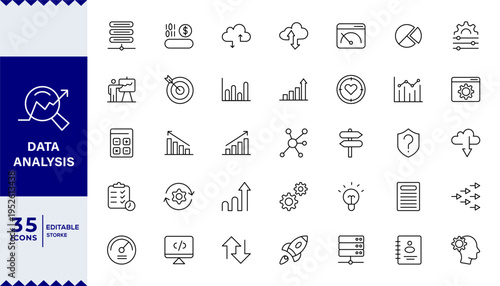Data analysis, statistics, analytics - minimal thin line web icon set. AI, hosting, monitoring. Outline icons collection. Simple vector illustration