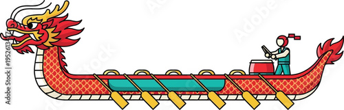 Dragon boat illustration shows a team of rowers paddling the long vessel with a drummer setting the pace.