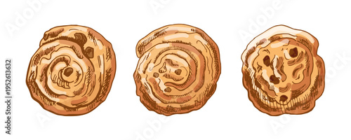 Hand drawn vintage sweet pastry buns set cinnamon roll spiral bakery dessert color and monochrome illustration collection
