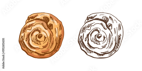 Hand drawn vintage cinnamon roll pastry spiral bun sweet bakery dessert color and monochrome illustration set
