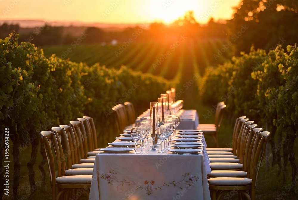 Naklejka premium A long table is set for a meal in front of a vineyard at sunset.