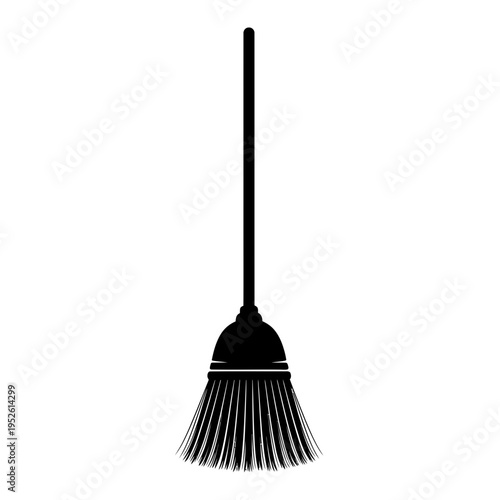 Black plastic broom with long handle.
