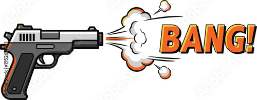Pistol fires with a loud comic book sound effect reading BANG against a white background.