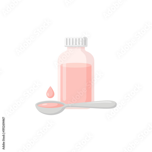 Liquid medicine bottle, spoon, and drop vector illustration