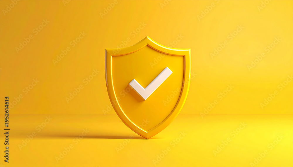 Obraz premium Shield icon with checkmark on bright yellow background, insurance trust concept, safety assurance design, minimal composition.