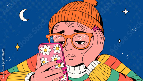 Tired Young Woman Experiencing Digital Burnout and Social Media Fatigue while Doomscrolling on Smartphone at Night, Retro Pop Art Vector Illustration