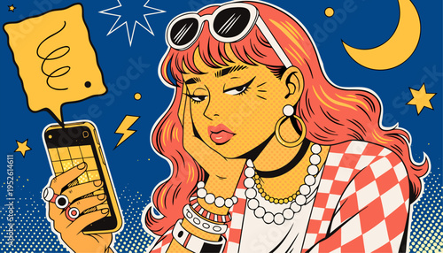 Tired Young Woman Experiencing Digital Burnout and Social Media Fatigue while Doomscrolling on Smartphone at Night, Retro Pop Art Vector Illustration
