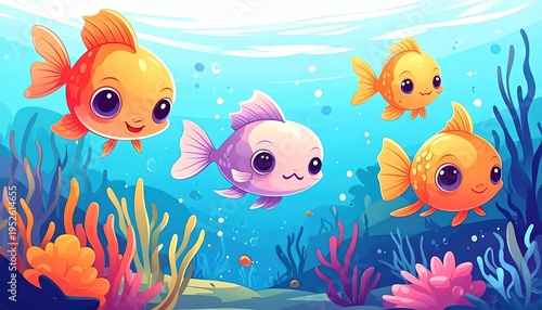Cartoonish underwater scene with cheerful fish swimming around vibrant coral and sea plants