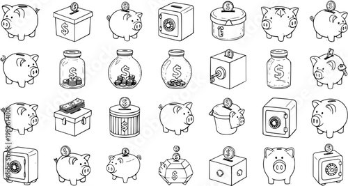 Diverse Money Savings Icons: Piggy Banks, Safes  Jars Line Art Illustration