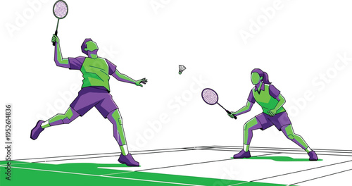 A pair of badminton players demonstrate competitive stances on a green court surface during an intense rally.