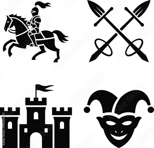 Medieval and comedic symbols in classic black and white iconography
