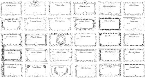 Set of 35 Vintage Hand-Drawn Frames and Ornamental Borders. Elegant, Distressed, and Retro Designs for Labels, Name Tags, Place Cards, and Decorative Elements.