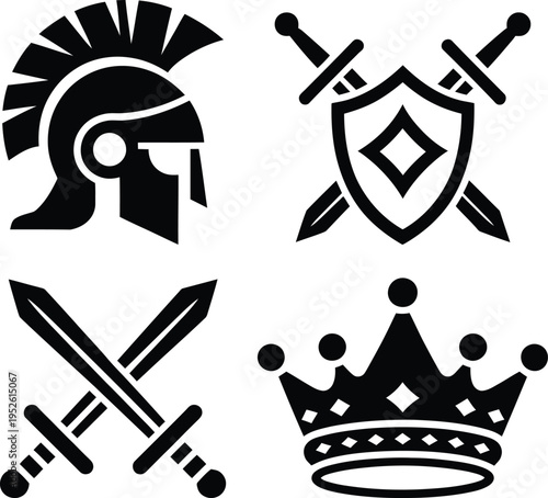 Four iconic symbols of ancient royalty, warfare, and nobility depicted in black and white