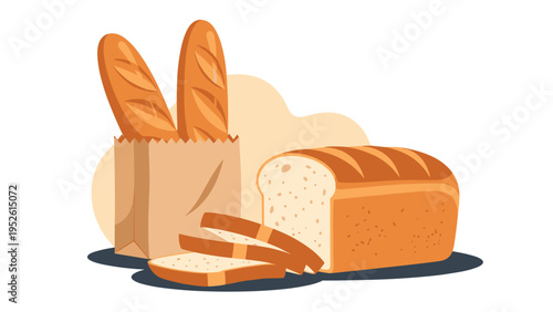 Selection of fresh bakery products including a whole loaf of bread, sliced pieces, and two baguettes in a paper bag for food themes.