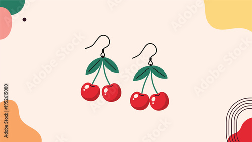 Pair of cute cherry-shaped dangle earrings with red berries and green leaves on a playful abstract background with organic shapes.