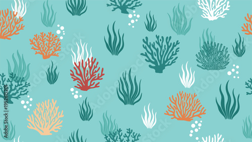 Seamless underwater pattern with various colorful coral and seaweed plants on a light blue background for fabric or wallpaper design.