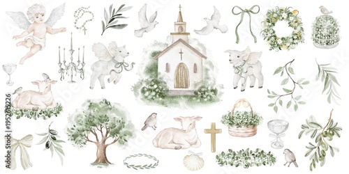 Fotografia Church clipart watercolor hand painted set with cross, angel, lamb and chalice