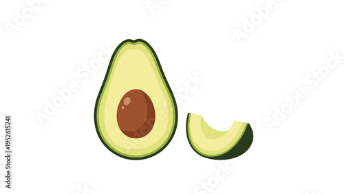 Healthy ripe green avocado cut in half with a large brown seed and a small side slice shown on a plain white background.