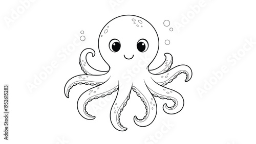 Smiling cartoon octopus swimming in the water with bubbles in a black and white line art style for kids coloring activities.
