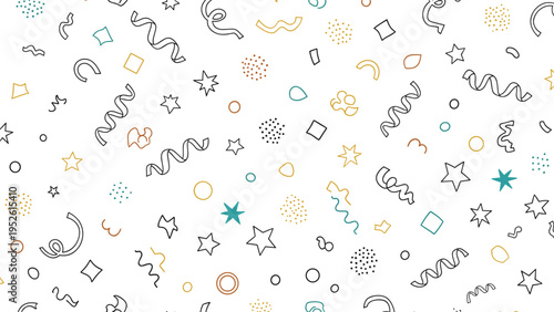 Seamless pattern background featuring colorful confetti shapes, streamers, stars, and dots in a playful and festive design for party themes.
