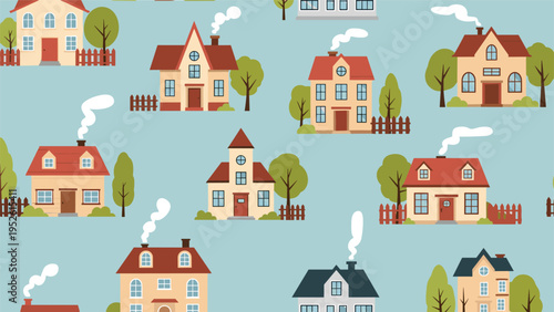 Seamless pattern of charming residential houses with red roofs and smoking chimneys surrounded by trees on a soft blue background.