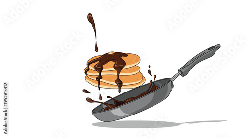Stack of three fluffy pancakes being drizzled with rich chocolate sauce from a flying frying pan for a delicious breakfast concept.