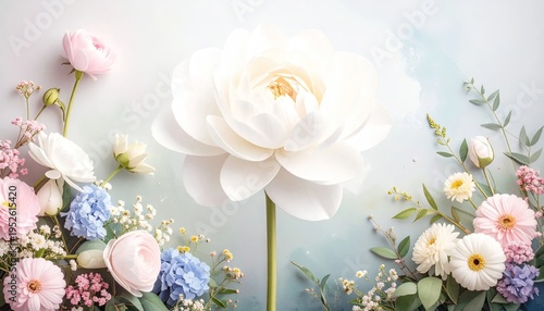 Delicate floral arrangement featuring a large, luminous white bloom at center and surrounding smaller blossoms