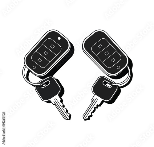Car keys silhouette illustration, two modern remote fob keys isolated in black vector style representing automotive access and security control.