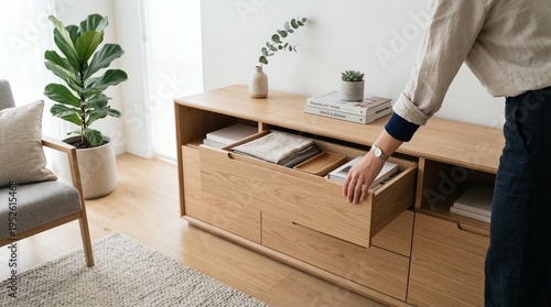 Woman organizing folded clothes in a modern wooden sideboard drawer