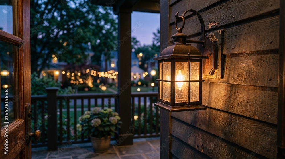 Fototapeta premium Cozy Evening Porch Light Illuminates Rustic Wooden Exterior and String Lights