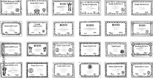 Hand-drawn collection of various share and bond certificates, black and white sketch style financial documents grid