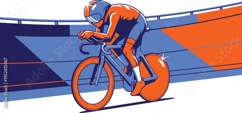 A cyclist in an orange and blue racing suit grips the handlebars while leaning sharply into the curve of an indoor cycling arena.