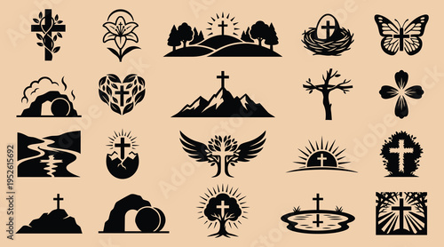 Easter religious symbols and icons set with crosses flowers trees mountains and butterflies in silhouette on beige background