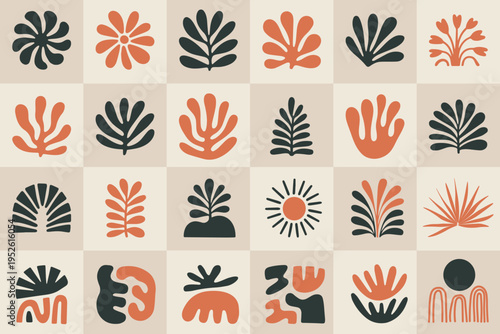 An abstract vector collection of elements with minimalist shapes in floral and abstract styles. Templates for covers, packaging, and branding.